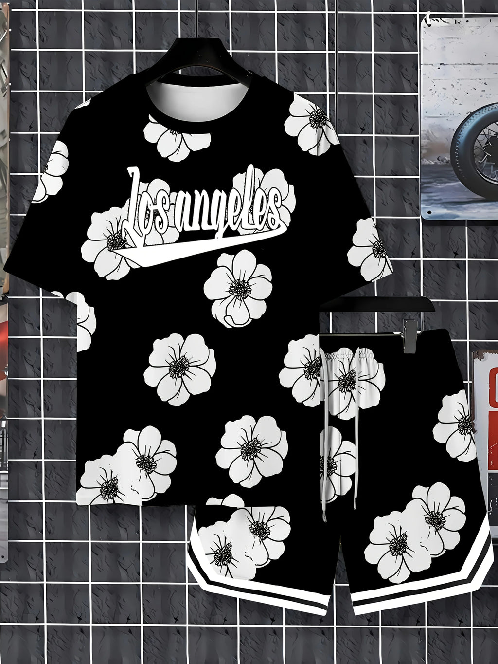 Summer 2025 new men's wear set 3D printed flower outdoor casual fashion set