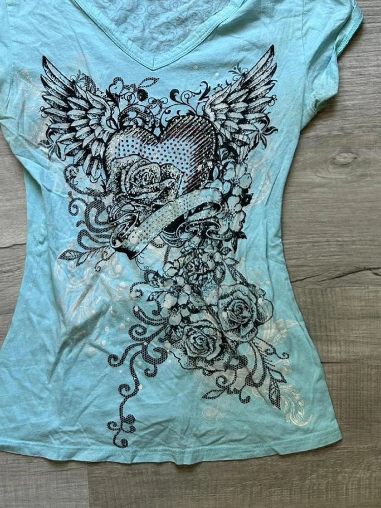 V-Neck Gothic Women Casual Punk Vintage Print T-shirts Short Sleeve Streetwear Slim Tees Subculture Female Summer New Clothing