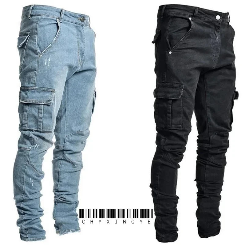 Men's street elastic workwear jeans washed solid color multi pocket casual mid waist pants slim fit daily wear jogging pants