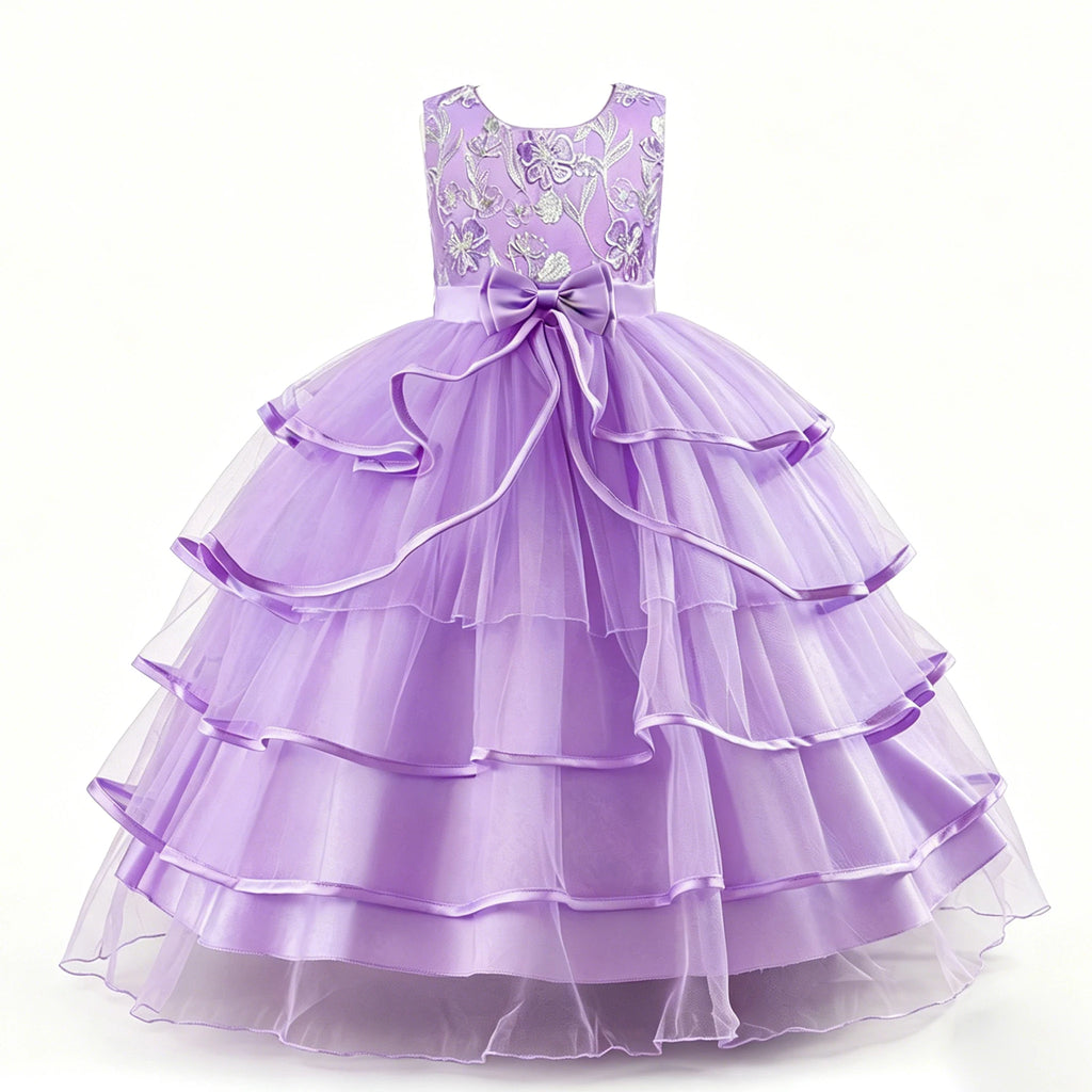 Girls Princess Dress Sleeveless Lace Embroidery Tiered Tulle Bow Formal Evening Gown for Wedding Birthday Party Christmas