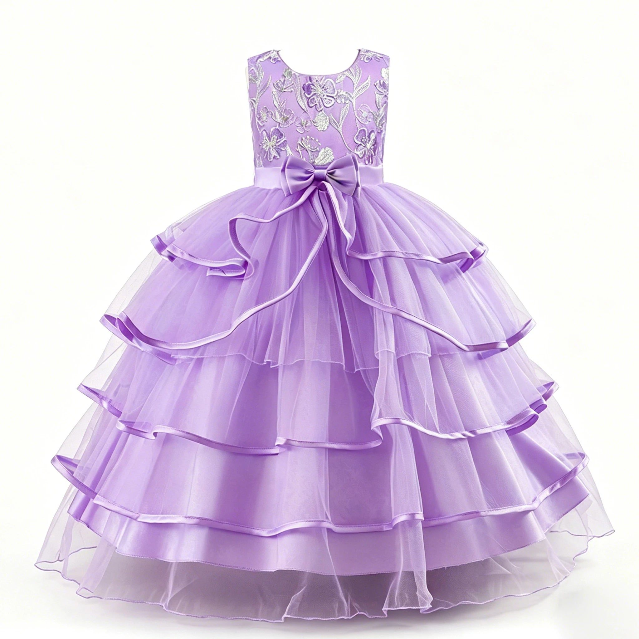 Girls Princess Dress Sleeveless Lace Embroidery Tiered Tulle Bow Formal Evening Gown for Wedding Birthday Party Christmas