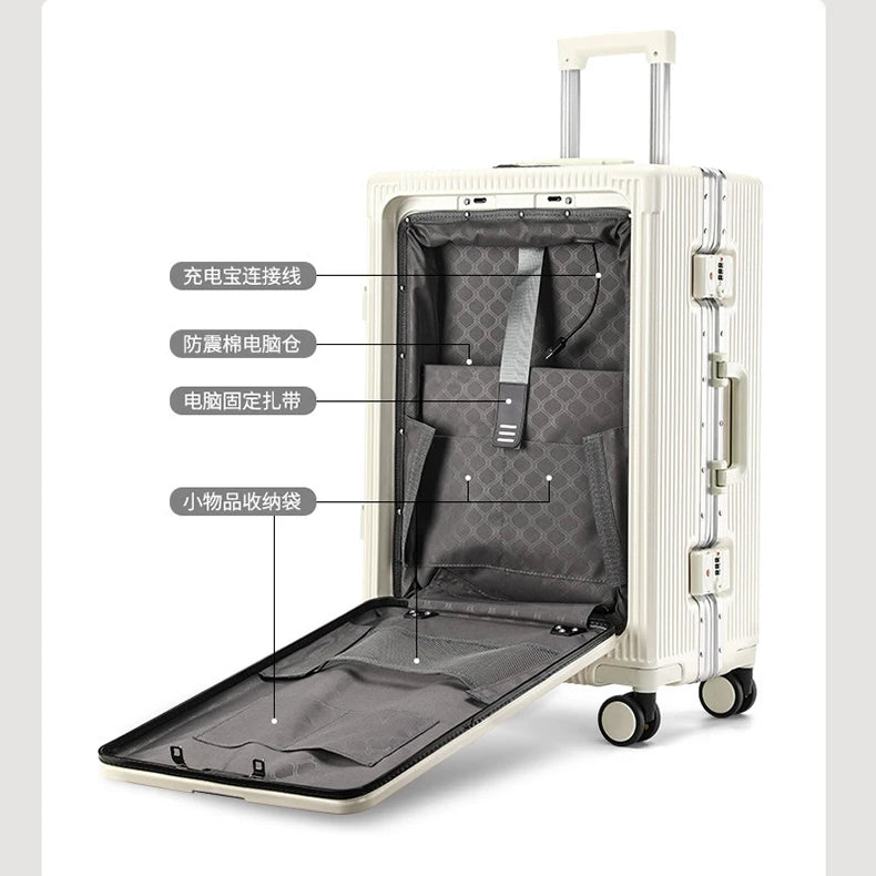 New Travel Luggage Multifunctional Aluminum Frame Trolley Suitcase with USB Cup Holder Large Capacity Bag Boarding Box Suitcase
