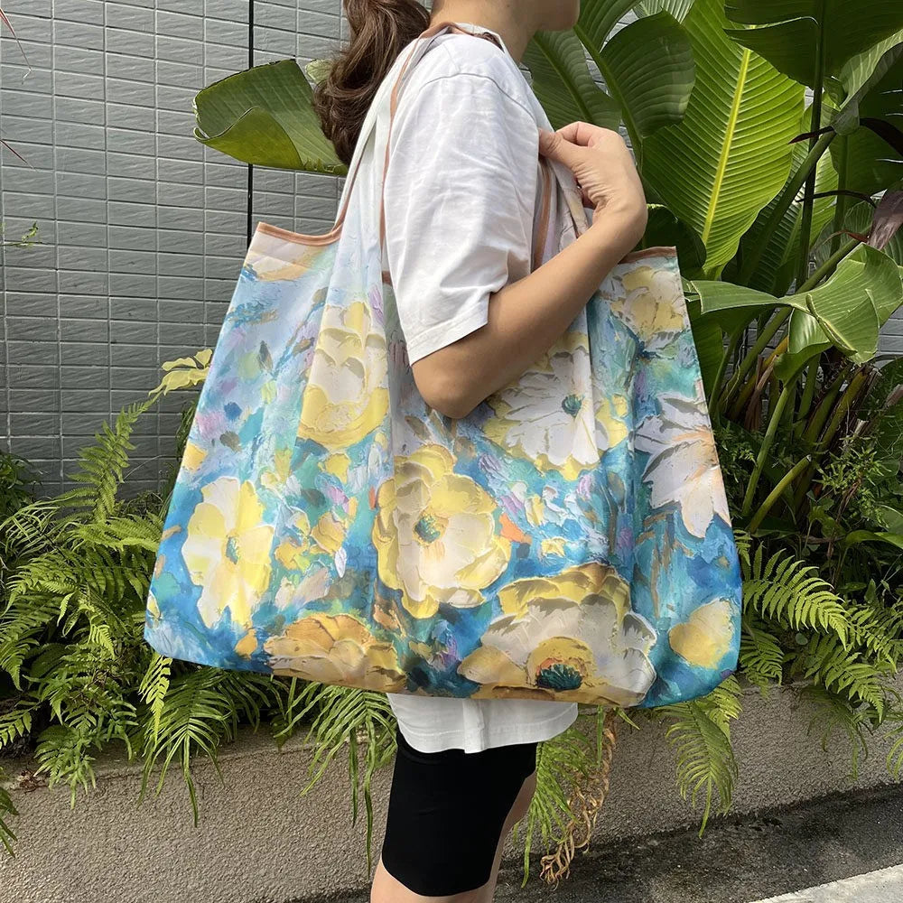 Large Reusable Grocery Shopping Bag Ladies Tote 50lb Fashion Pocket Shoulder Bag Foldable Eco Bag Washable
