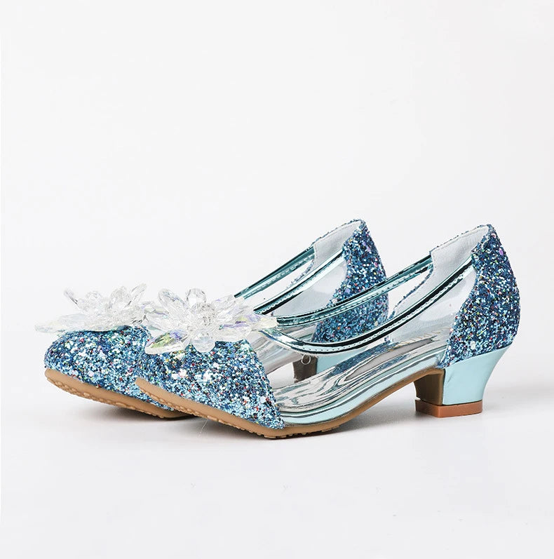 Pink Blue Princess Dance Shoes for Girls Low Heels for Kids Birthday Party Glitter Crystal Diamond Shoe Child Gown Leather Shoes
