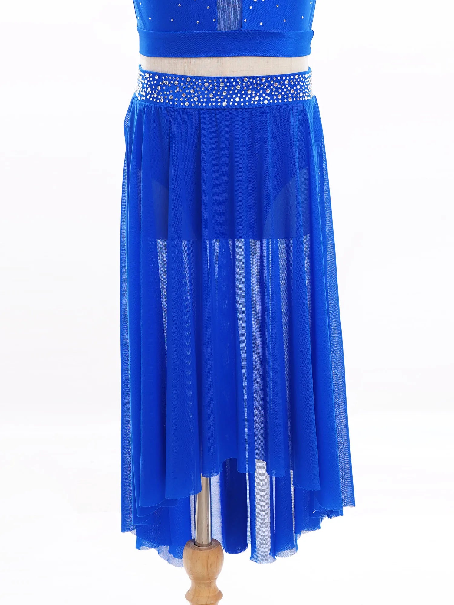 Kids Girls Lyrical Modern Dance Skirt Shiny Rhinestones Open Front Flowy Sheer Mesh Skirt with Built-in Briefs Ballet Dresses