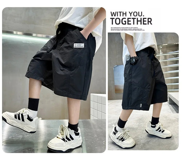 Kids Casual Solid Color Cargo Shorts for Tween Boys Khaki Black Summer Shorts Teenage Child Brief Knee-Length Pants Age 5-14Y
