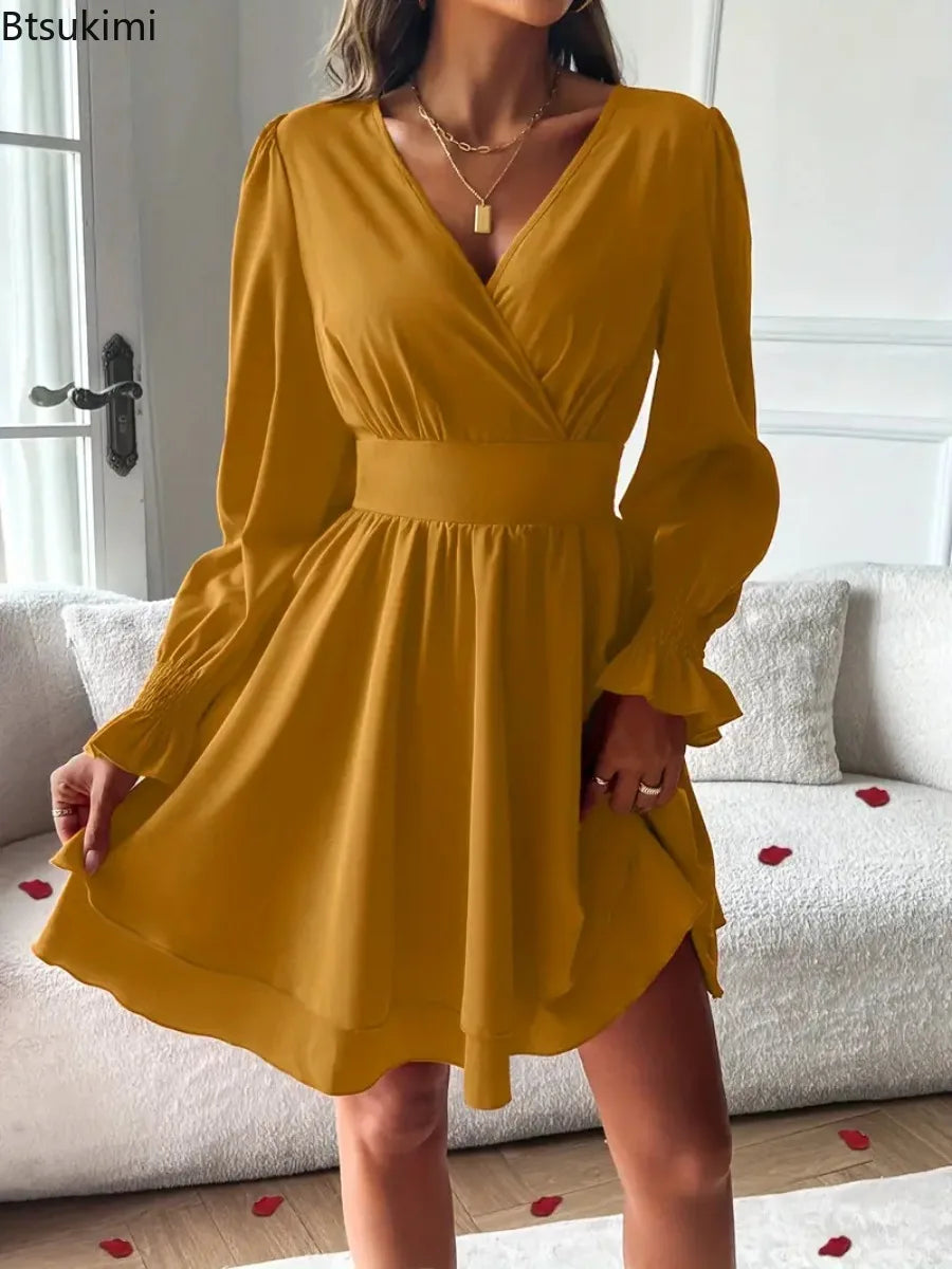 Summer New Dresses 2026 Woman Clothing V-Neck Lantern Sleeve Wrap Mini Dress Ruched Waisted Dress Elegant for Spring Party Dress