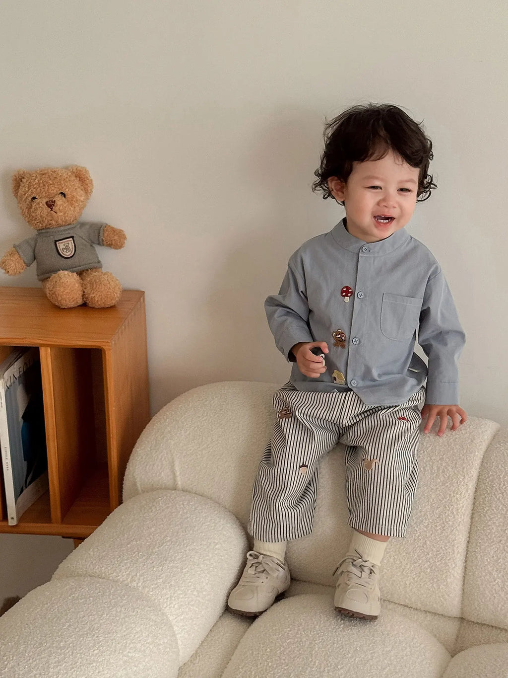 2026 Fall New Toddler Kids Pants Cotton Cartoon Embroidered Harem Pants Baby Boy Casual Striped Denim Baggy Trousers