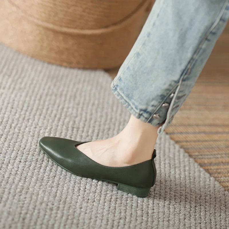 Genuine Leather Multi-color Low-heeled women's Shoes  Round Toe Flat Bottom Shallow Cut Single Shoe Casual Versatile Loafers