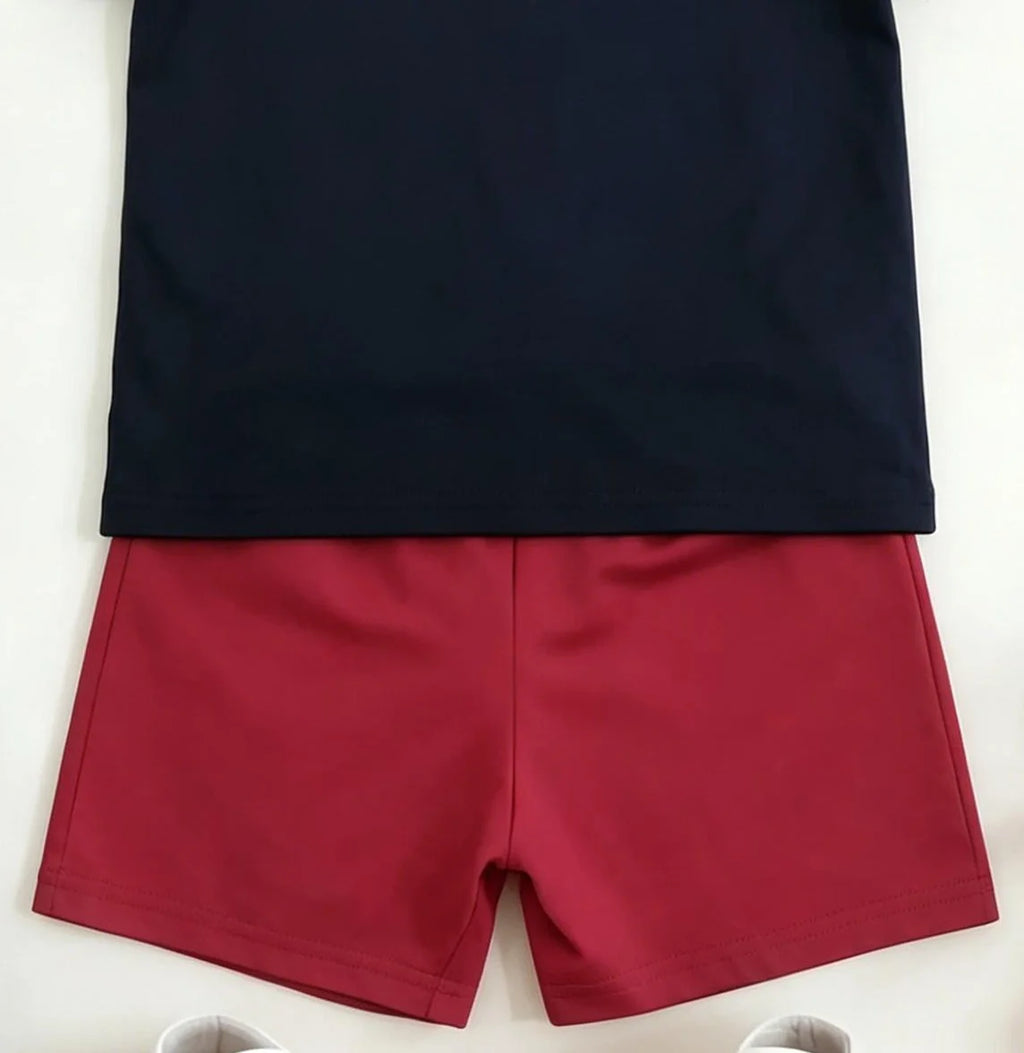 Summer New Arrival Boys Street Style Bear Print Short Sleeve Burgundy Solid Shorts Set