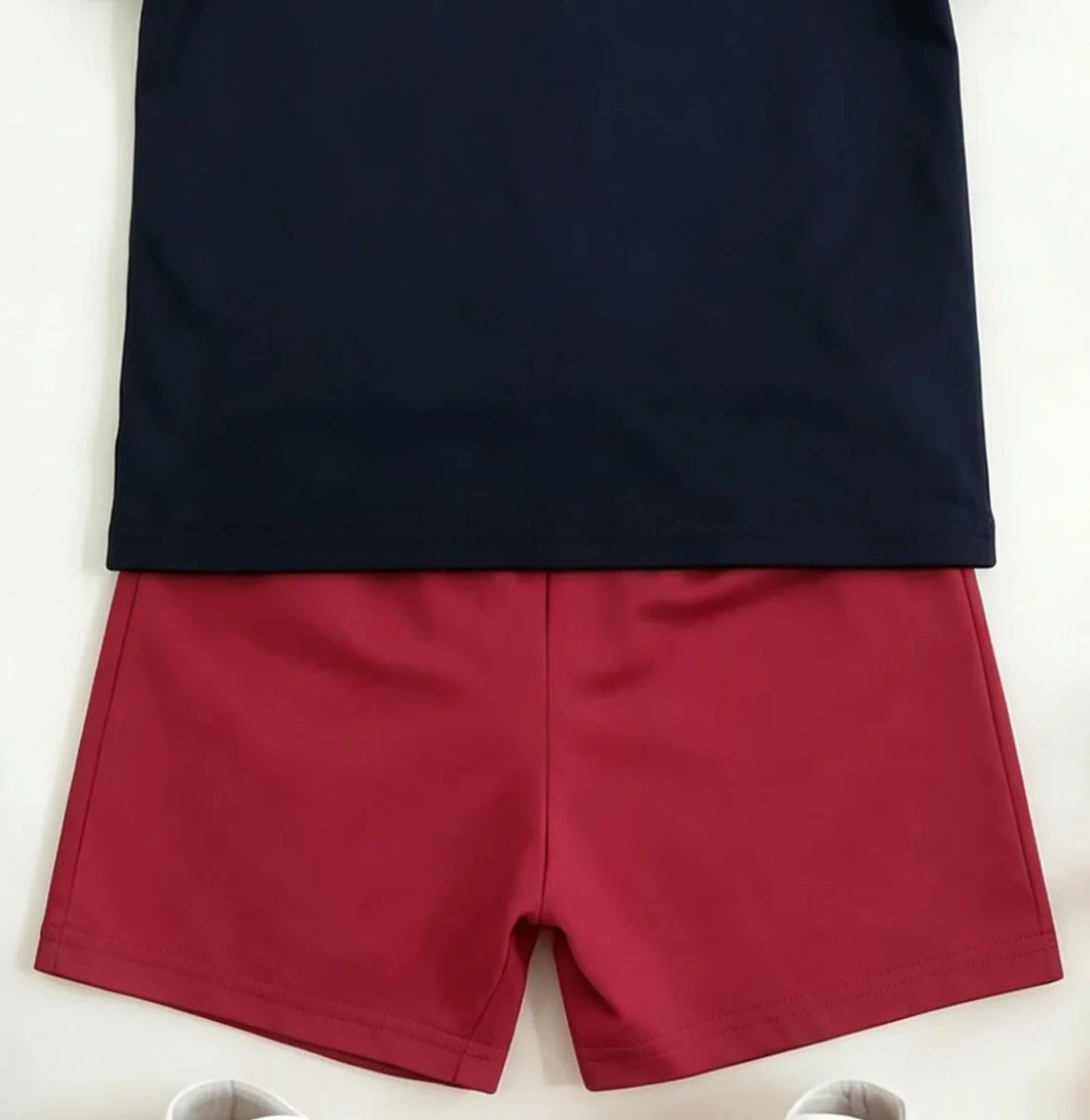 Summer New Arrival Boys Street Style Bear Print Short Sleeve Burgundy Solid Shorts Set