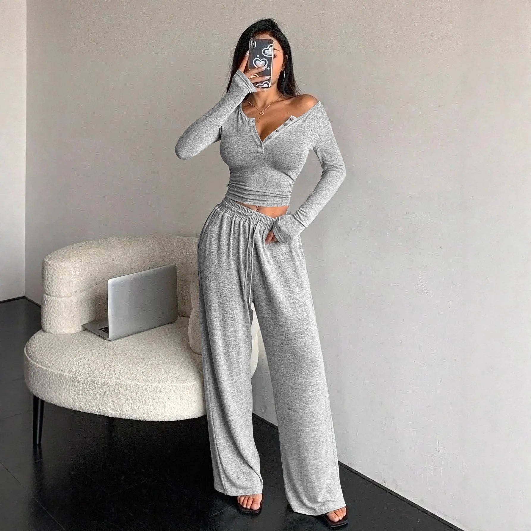 Women's Pajamas Sexy Tight-fitting Button V-neck Long-sleeved Drawstring Long Trousers Two-piece Set Casual Simple Homewear