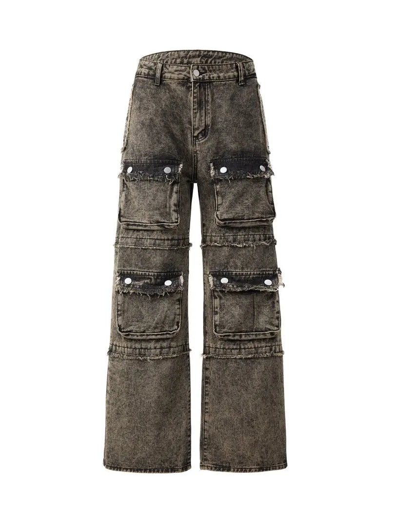 American-style high street heavy-duty workwear jeans for men, distressed with frayed edges, wide-leg, trendy and rugged long pan