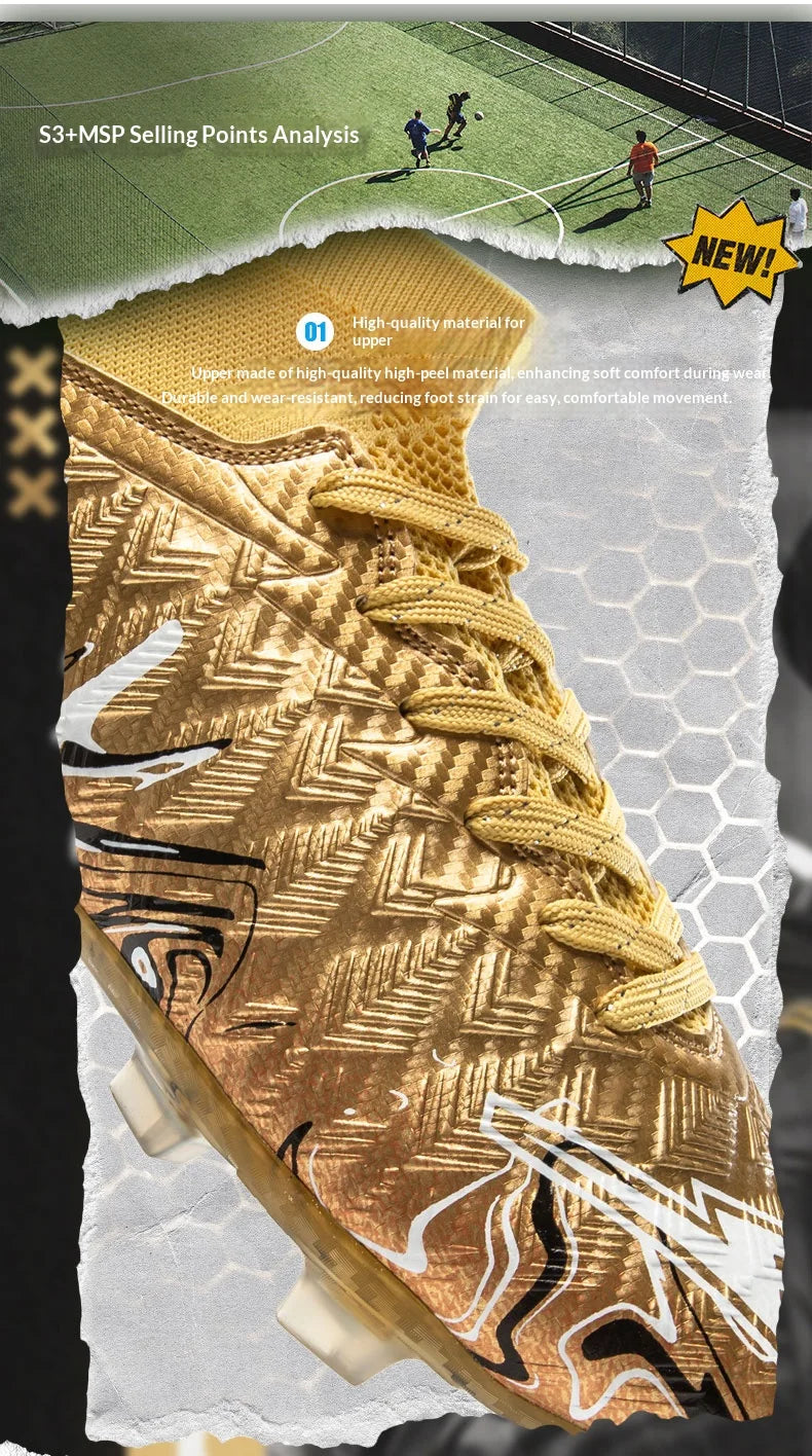 A pair of football shoes suitable for teenagers, with breathable upper and spiked sole design. Very comfortable to wear.HX-X2601