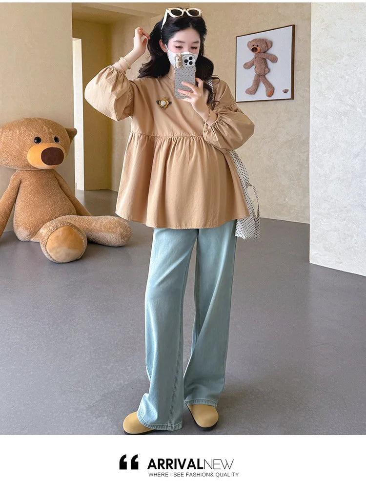 Maternity Blouse Spring Autumn Flower Round Neck Puff Long Sleeve Tops For Pregnant Women 2026 Loose Comfortable