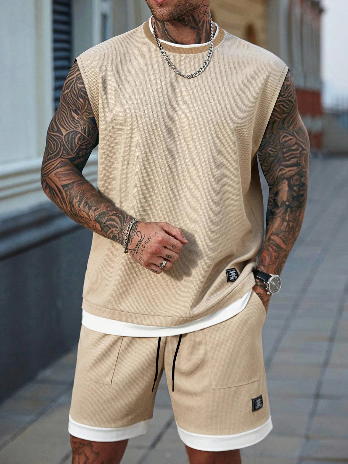 Men's Casual Athletic Set — Knitted fabric with slight stretch; available in medium-to-large sizes. Features a 2-in-1 elastic wa