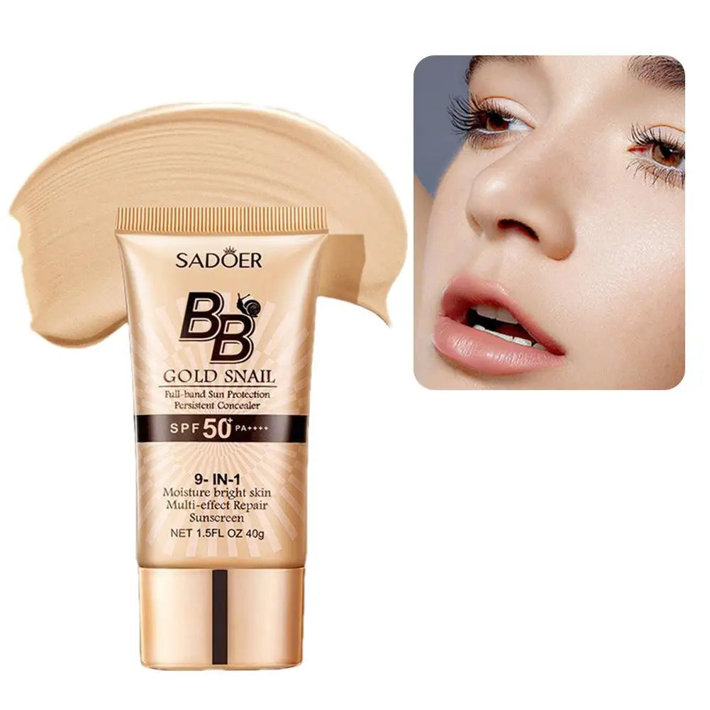 SPF50+ Gold Snail Sunscreen BB Cream Whitening Foundation Concealer Moisturizing Long Lasting Even Skin Tone Makeup Base Primer