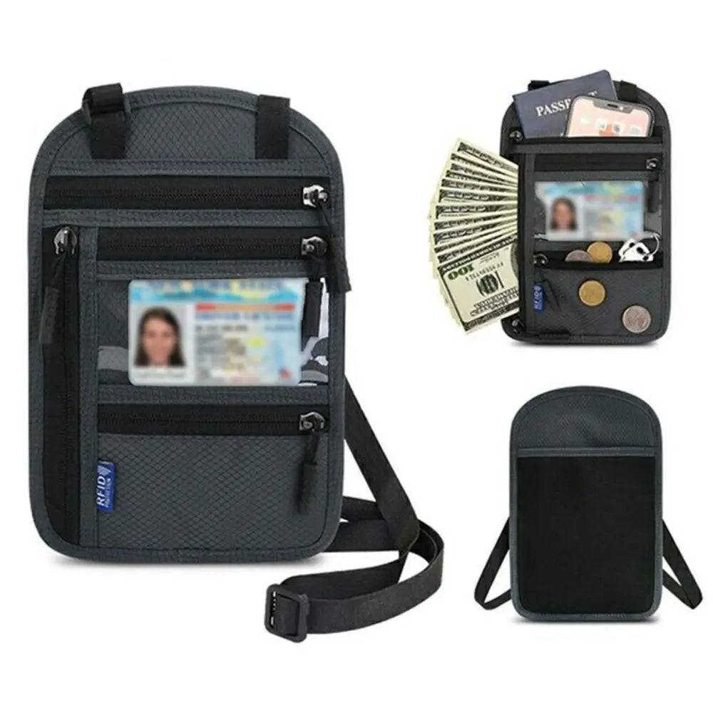 Anti-theft Security Stash Pouch Nylon RFID Blocking Passport Bag with Adjustable Neck Strap Waterproof Travel Neck Wallet