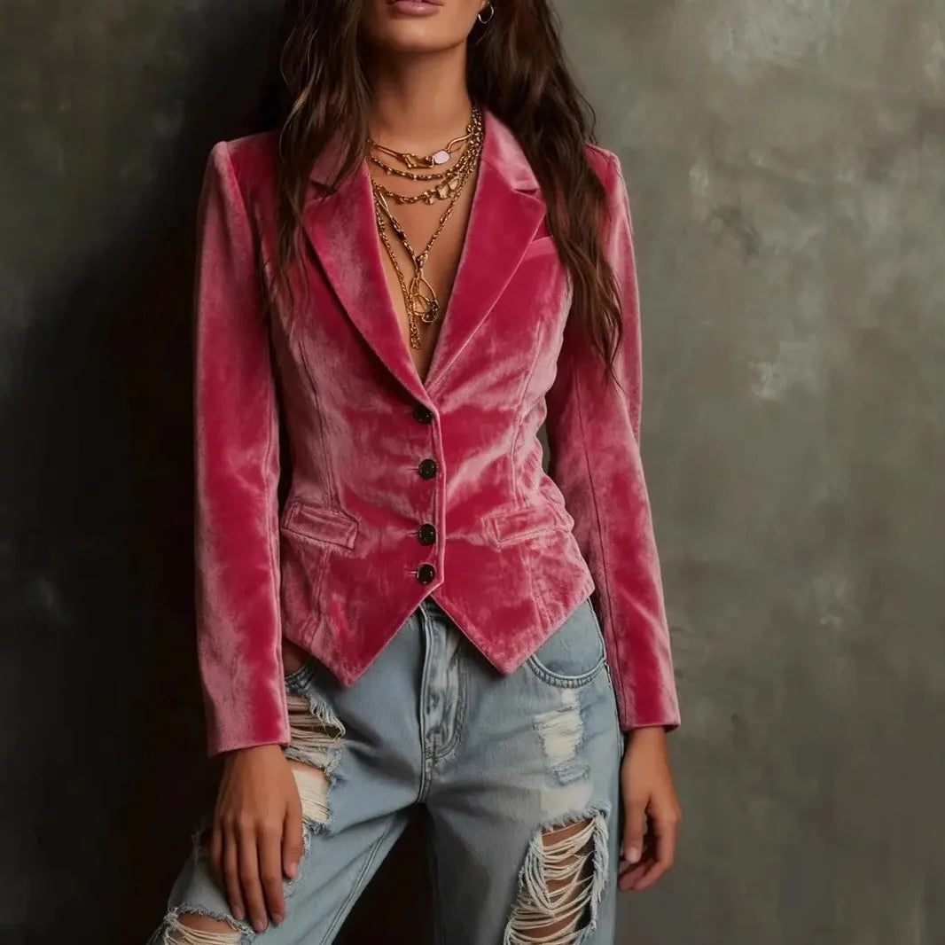 Velvet Blazers for Women Jacket Single Breasted Suit Collar Blazer Coat Solid Long Sleeve Simple Fashion Female Outerwear