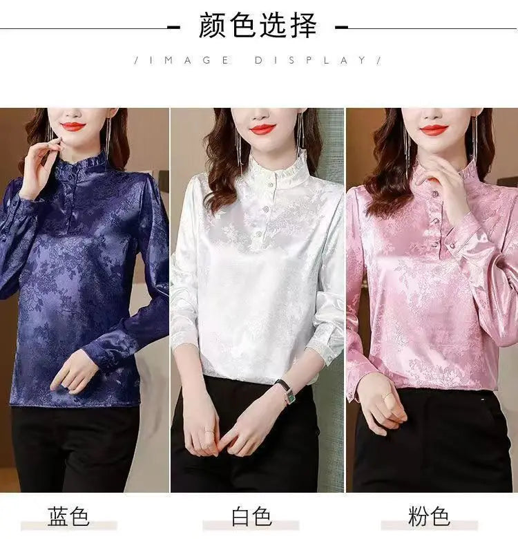 Premium Satin Blouse Women Spring Age-Reducing Print Loose Long Sleeve Top Fashion Elegant Collar Shirt
