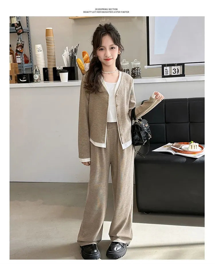 Korea Style Girls Casual Clothing Sets Single Button V-Neck Fake Splice Top and Pants Two Pieces Grey Khaki Kids Teenage Outfits