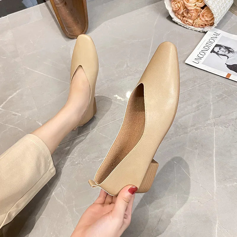 Genuine Leather Multi-color Low-heeled women's Shoes  Round Toe Flat Bottom Shallow Cut Single Shoe Casual Versatile Loafers