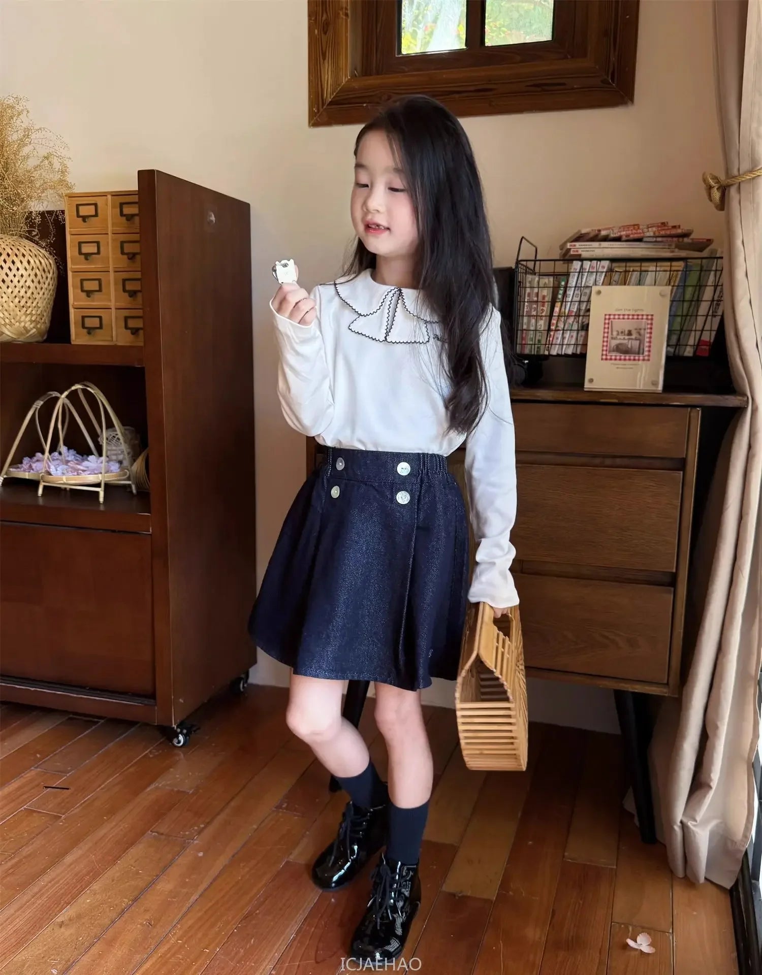 Teen Girl Clothes Waist Shell Button Denim Skirt and Top Kids Versatile Casual Outfits Children Costumes Vintage Girls Elastic