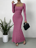 Mature Sexy Fashion New Line Neck Low Cut Solid Color Slim-fit All-match Long-sleeved Dress