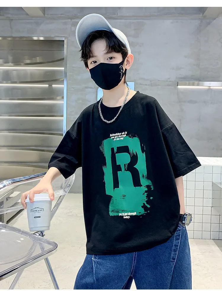 New Kids Boy Casual Tshirts Tops Novelty Printed Summer Children's T-shirt Short Sleeve Clothes Teenager Khaki Black Cotton Tees