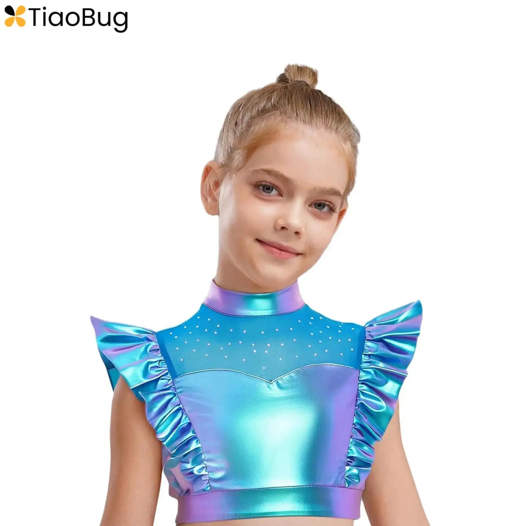 Kids Girls Metallic Shirts Party Disco Jazz Dance Tops Mock Neck Mesh Splice Shiny Rhinestone Sleeveless Ruffle Tank Crop Tops