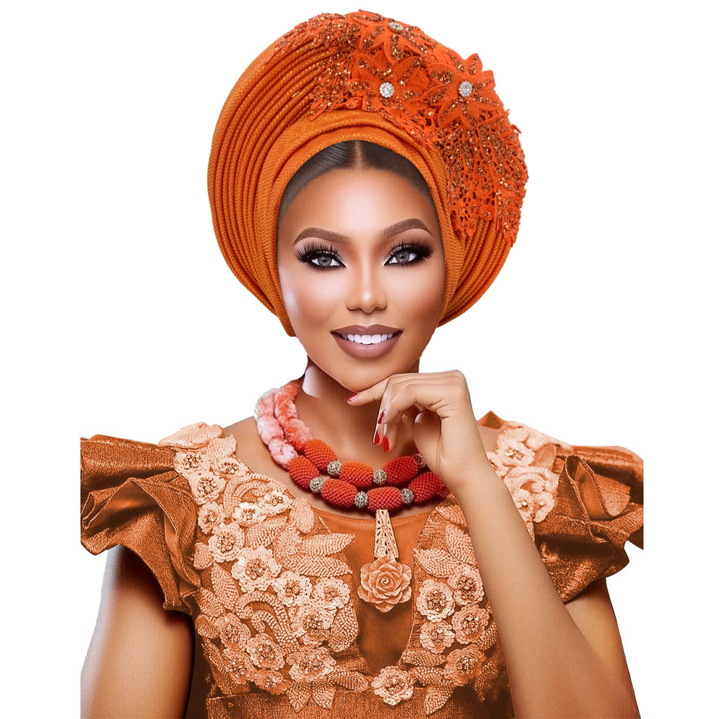 Elegant African Autogele Women's Turban Cap Nigeria Wedding Gele Ready to Wear Headtie with Embroidery Lace Party Headwear