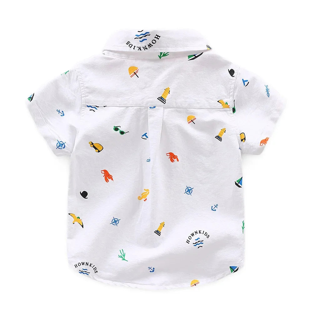 2 3 4 5 6 Years Boys Short Sleeve Collar Shirt Summer Children's Clothing Cotton Toddler Kids Cartoon Casual Tops White Blue