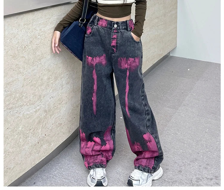 Kids Jeans for Girls Fashion Graffiti Dyeing 2025 Spring Autumn Hot Sales Teenager Unique Wide Leg Pants Korean Style Trousers