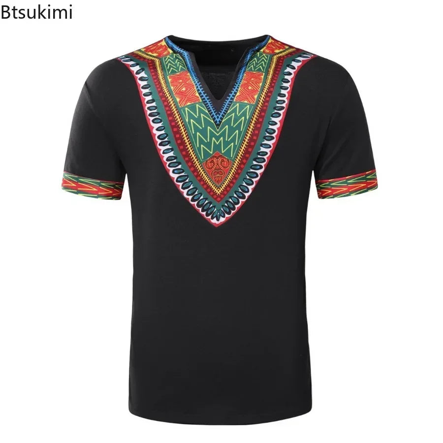 2026 Men's African Traditional Clothing Men Dashiki Short Sleeve T-shirt Fashion V-neck Printed Ethnic Style Casual Tops for Men
