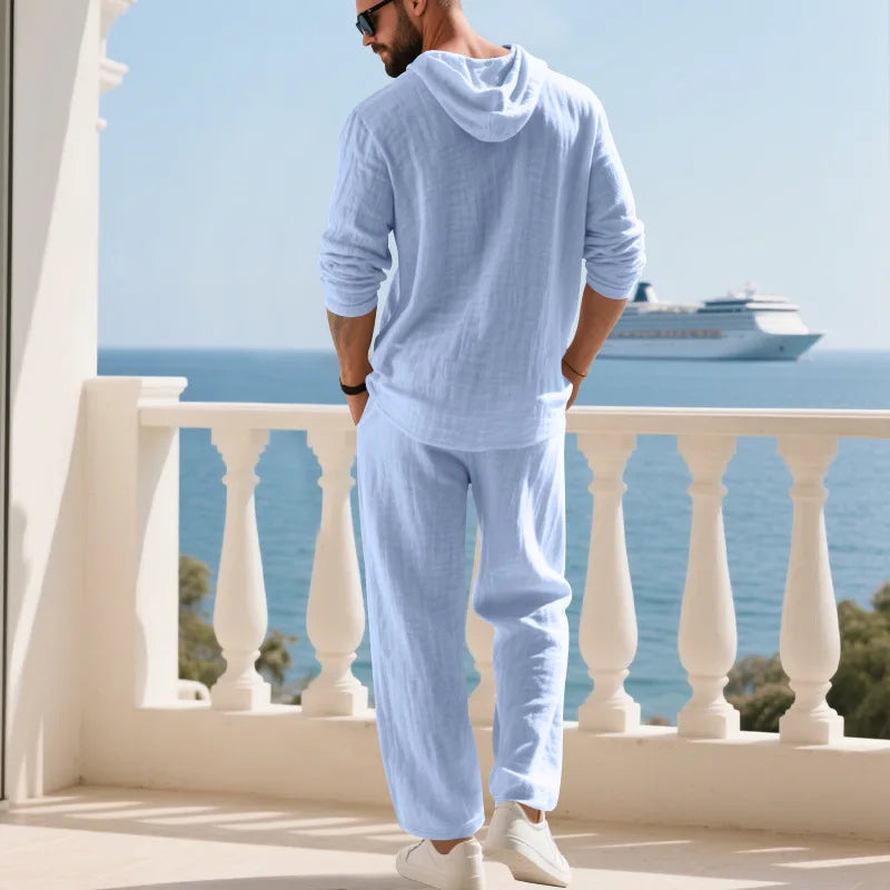 Men's Linen Hooded Sets 2 Piece Outfit Summer Casual Long Sleeve Hoodie and Wide Leg Pants Set for Men