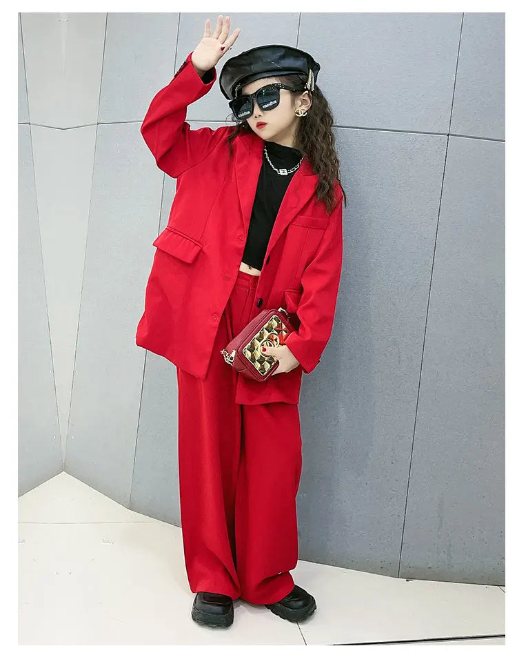 Girls Red Blazer Suits Clothing Sets Spring Autumn Kids Jackets+Pants Fashion Loose Formal Teenager Casual Outfits 5-14Years Old