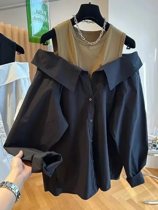 French Off Shoulder Blouses Women Slim and Loose Tank Top Spliced Long Sleeve Shirts Autumn Round Neck Fashion Shirts Women Top