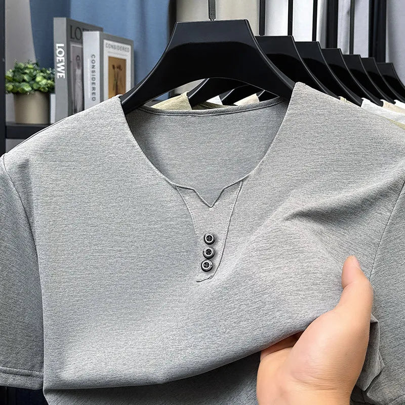 Three Button V-neck T-shirt Men 2026 New Men's Business Casual Short Sleeve Tshirt Korean Style Summer Comfortable Versatile Top
