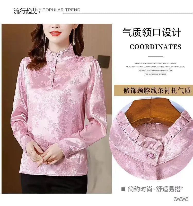 Premium Satin Blouse Women Spring Age-Reducing Print Loose Long Sleeve Top Fashion Elegant Collar Shirt