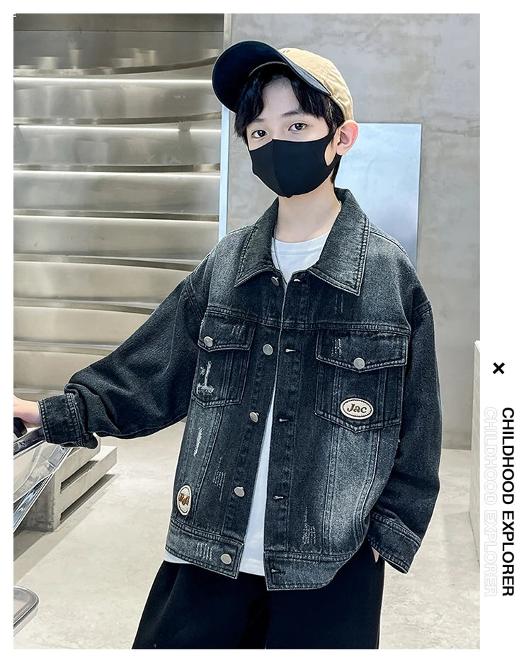 Kids Luxury Clothing Black Blue Denim Jacket for Teenage Boy Spring Autumn Ripped Denim Jacket Coat Child Casual Outfit Age 5-14