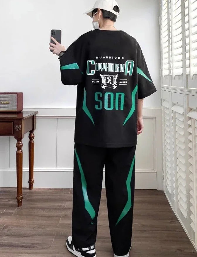 Male T Shirt Trousers Sets Smooth Sports Suits Alphabet Men's Pants Set Two-piece Outfits Xl Offer Korean Style Stylish Casual
