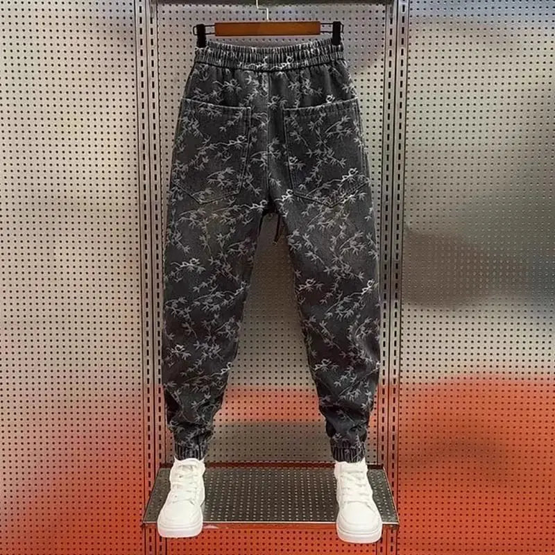 Men's Jeans Loose Jacquard Casual American Waist Drawstring Ties Versatile Trendy Spring and Autumn Harem Pants
