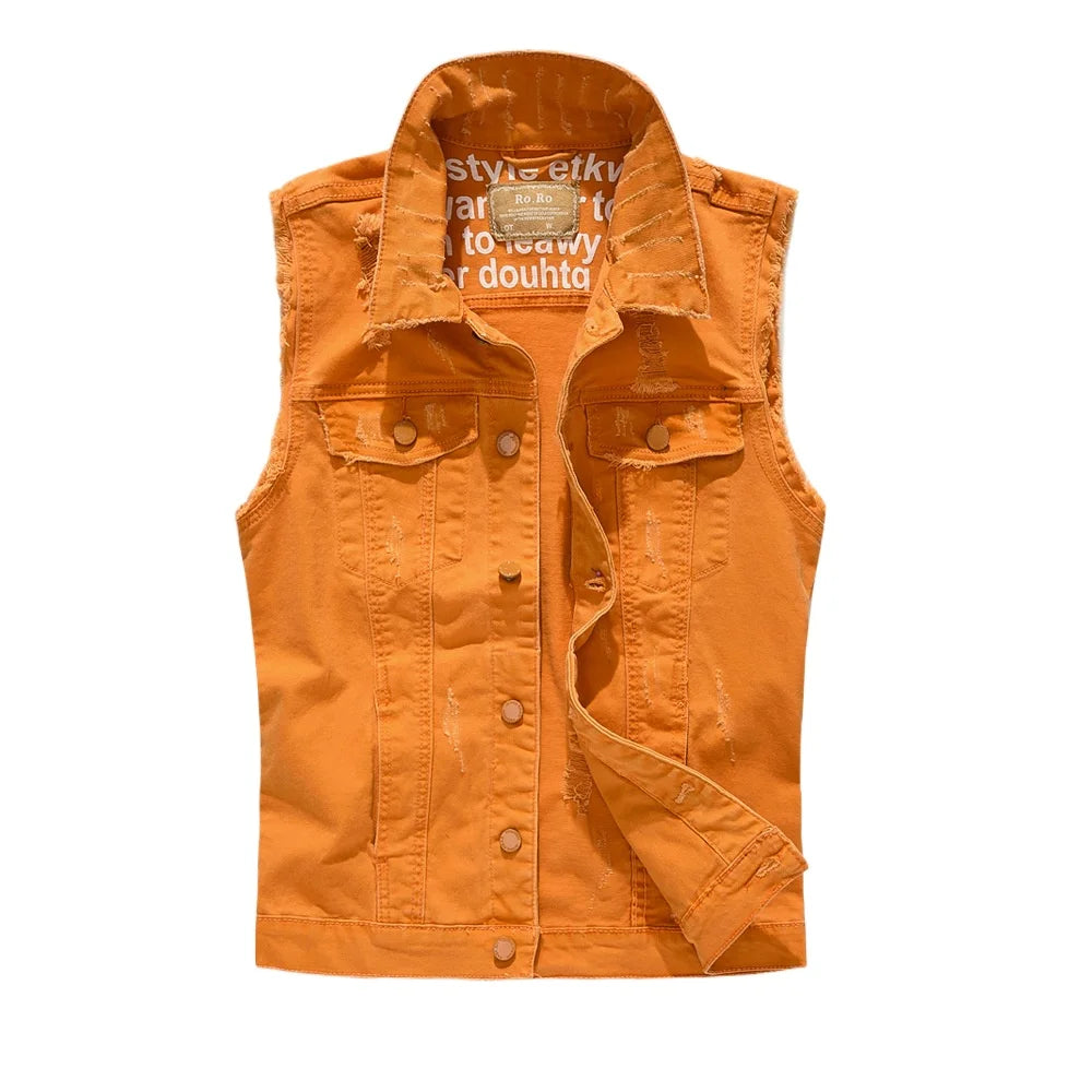 New Fashion Men Ripped Denim Vests Jackets Man Trendy Casual Sleeveless Coats Male Streetwear Personality Slim Jeans Waistcoats