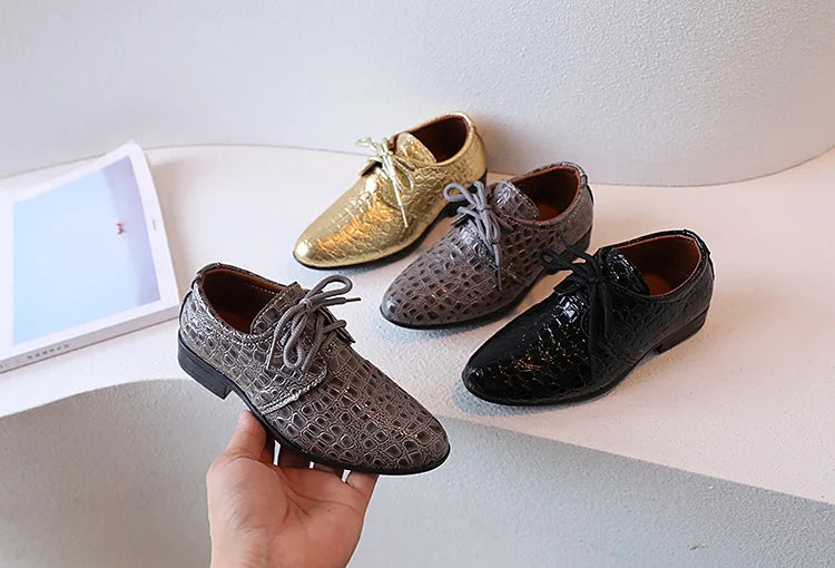 Boys Leather Shoes Pointed Toe Children Performance Shoes Low Heels British Style School Kids Shoes Gold Lace Up Casual Loafers