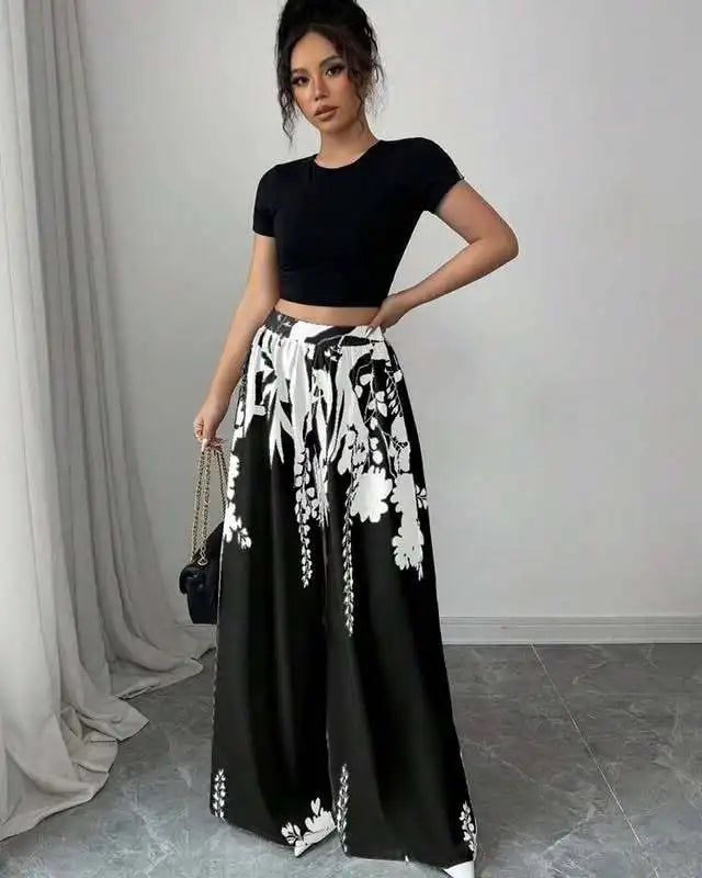 Women's Trousers Fashionable High Street Black And White Flower High Waist Casual Wide Leg Pants 2026 Spring Summer New Style