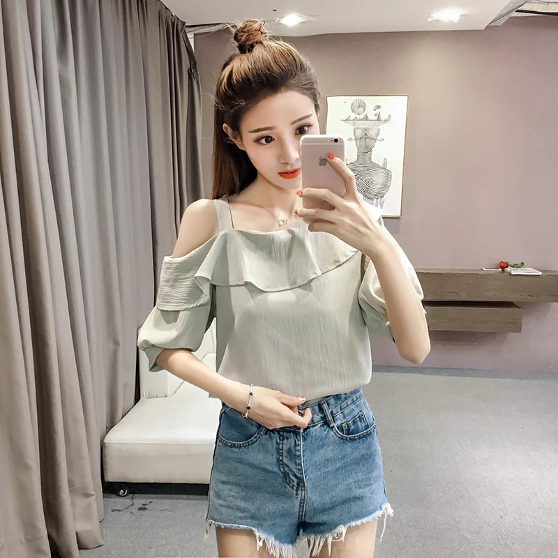 Fashion Women Blouses Sexy Slash Neck Chiffon Women Blouse Shirt Short Sleeve Summer Ladies Tops