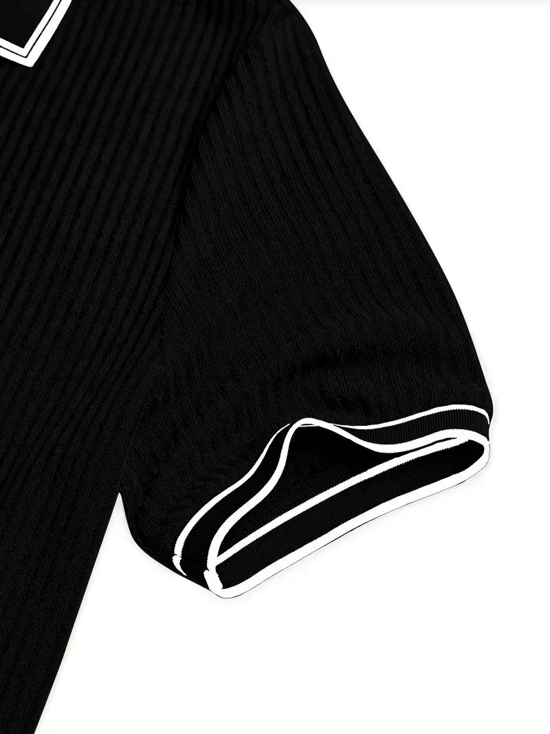 Men Ribbed Knit Polo Shirt Short Sleeve Turn Down Collar Contrast Trim Button Placket Slim Fit Casual Top