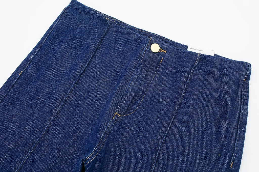 HH 2024 Spring Women 2 Piece Denim Trousers Suits Solid O Neck Coat Top + Pockets Elegant Female Straight Wide Leg Long Pant