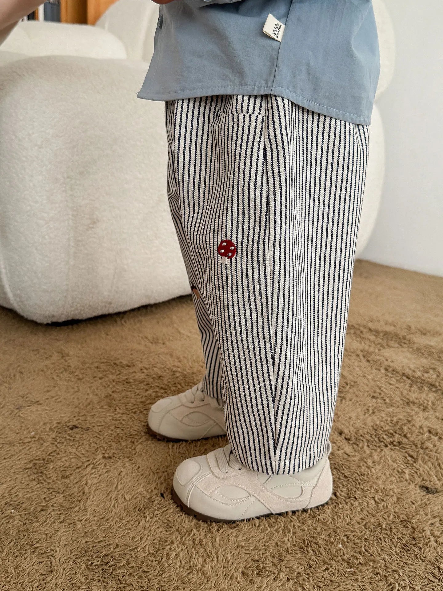 2026 Fall New Toddler Kids Pants Cotton Cartoon Embroidered Harem Pants Baby Boy Casual Striped Denim Baggy Trousers