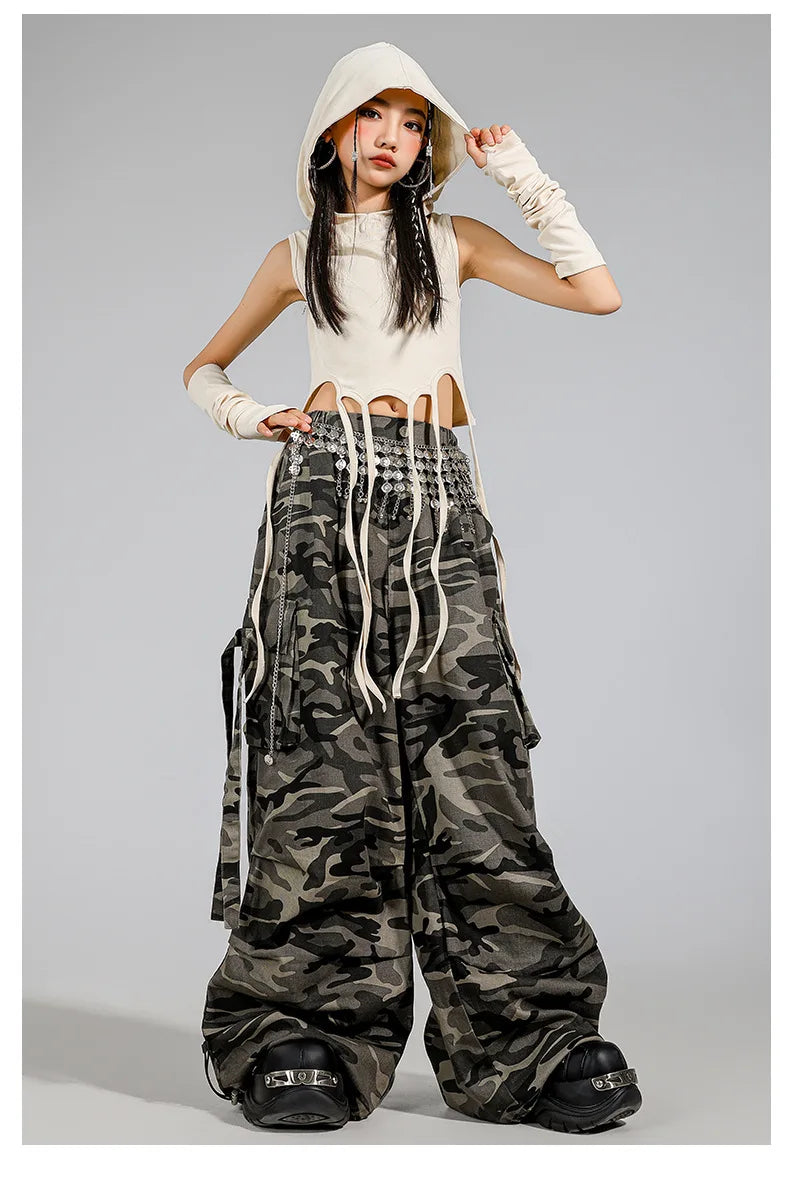 Kid Modern Dance Clothes Girl Jazz Dance Lace up Crop Hoodie Camouflage Pants Navel Performance Suit Kpop Group Stage Costume